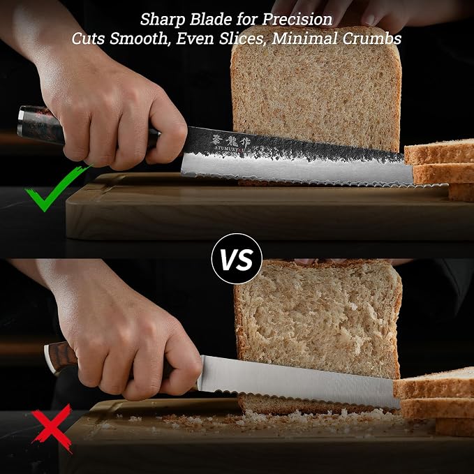 Japanese Bread Knife, 9 Inch Hand Forged VG10 Steel Serrated Sourdough Knife, Resharpenable Sharp Bread Cutting Knives, Low-Crumb Slicing for Sourdough, Homemade Bread & Bagels with Premium Gift Box
