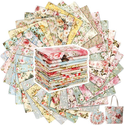 Tatuo 30 Pieces 10 x 10 Inches Rose Floral Cotton Fabric Bundle Squares Patchwork Floral Fabric Sewing Quilting Bundles Assorted Pattern Cloth for DIY Scrapbook Craft Making