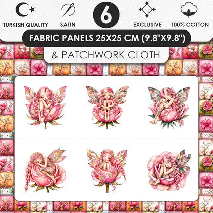 ‍ Pink Fairy Patchwork Cotton Fabric Panel – 6 Designs (10×10 inch Each) + Bonus Patchwork Sheet 29.5×19.6 inch, 100% Cotton 140 GSM