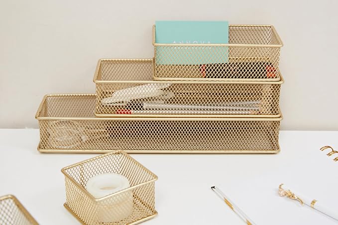 Annova Mesh Stackable Drawer Cabinet and Shelf Organizer Bins Storage Basket School Office Supply Holder Tray- Set of 2 (Gold, 6x6x2 Inch)