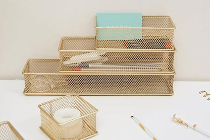 Annova Mesh Stackable Drawer Cabinet and Shelf Organizer Bins Storage Basket School Office Supply Holder Tray- Set of 2 (Gold, 6x6x2 Inch)