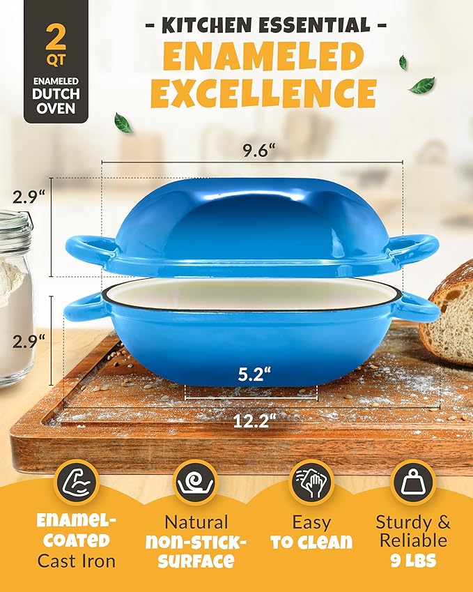 CRUSTLOVE Loaf Pan for Bread Baking - incl. Sourdough Bread-Baking Supplies like Banneton Bread-Proofing Basket - 2QT Enameled Oval Cast Iron Dutch Oven, Bread-Oven, Sour Dough Bread-Banking-Pan Tools