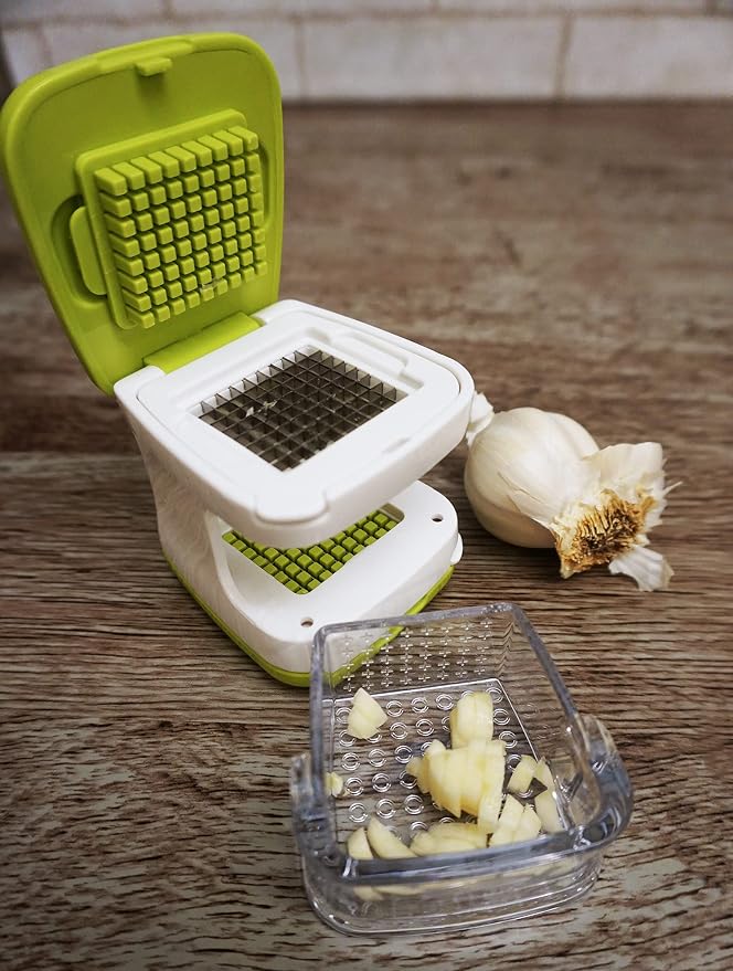 RSVP International Garlic Clove Cube Press Tool, Green/White | BPA-Free Plastic with Stainless Steel Blades | Minces & Slices | Chop, Crush, or Dice Garlic & Herbs | Dishwasher Safe