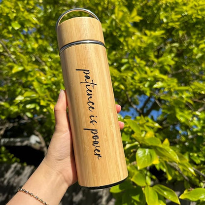 Custom Name Engraved Bamboo Water Tumbler Corporate Gift Personalized with Company Logo Wooden Insulated Travel Mug Employee Appreciation Business Gift, Tea Bottle with Infuser.