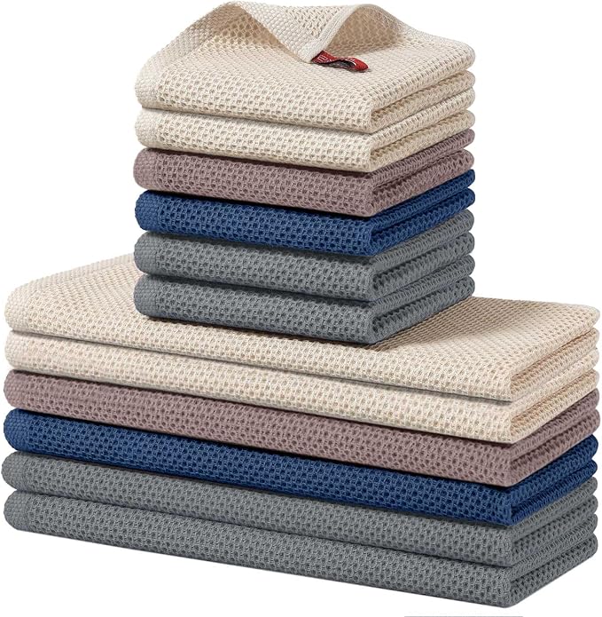 Homaxy 100% Cotton Kitchen Towels and Dishcloths Set, 12 x 12 Inches and 13 x 28 Inches, Set of 12 Bulk Kitchen Towels Set, Ultra Soft Absorbent Dish Cloths for Washing Dishes, Grey/Beige/Blue/Brown