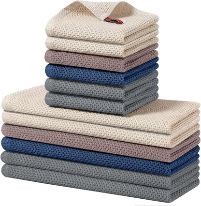 Homaxy 100% Cotton Kitchen Towels and Dishcloths Set, 12 x 12 Inches and 13 x 28 Inches, Set of 12 Bulk Kitchen Towels Set, Ultra Soft Absorbent Dish Cloths for Washing Dishes, Grey/Beige/Blue/Brown
