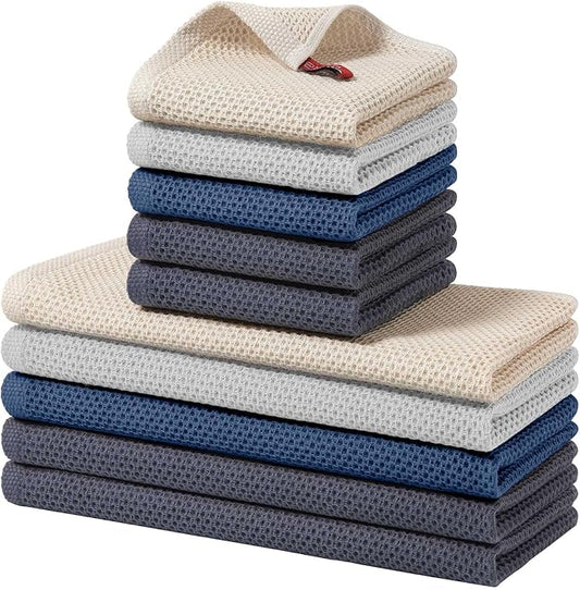 Homaxy 100% Cotton Kitchen Towels and Dishcloths Set, 12 x 12 Inches and 13 x 28 Inches, Set of 10 Bulk Kitchen Towels Set, Ultra Soft Absorbent Dish Cloths for Washing Dishes, Multicolor