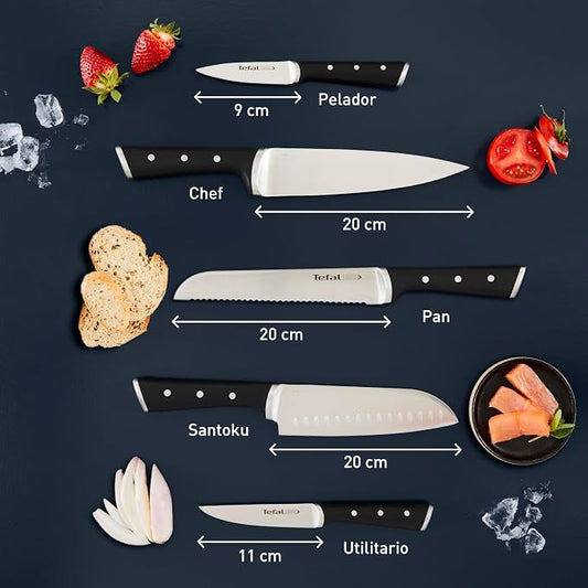 Tefal Wooden Knife Block 5pc Set- Ice Force Knives, German Stainless Steel & Premium Design - Bread 20 cm | Chef 20 cm | Santoku 18 cm | Utility 11 cm | Paring 9 cm - K232S574