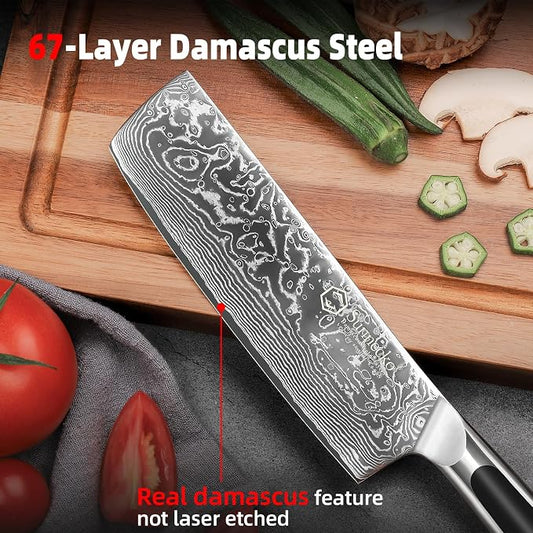 Sunnecko Kitchen Knife Japanese Damascus Nakiri Knife 7 Inch, Sharp Chopping Knife for Cutting Vegetable, Meats, Fruits