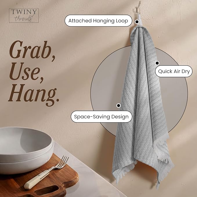 TWINY threads Kitchen Towel Chevron Design, Premium 100% Cotton Kitchen Linen Set, Large Dish Rags and Wash Rags, Absorbent Quick Drying, Washable Reusable, Pack of 12, 16"x26", Light Grey
