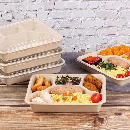 Sugarcane Fiber 37 oz 4 Compartments disposable plates with Lids Bagasse Plant Fibers Freezer Safe 25 Pack