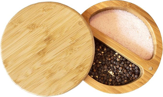 Totally Bamboo Salt Keeper Duet, Salt and Pepper Container with Dual Compartments, Bamboo Spice Cellar with Magnetic Swivel Lid, Countertop Bowls for Seasonings