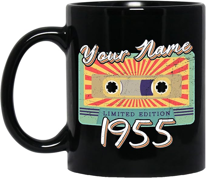 Personalized Vintage Cassette Tape Vintage 1955 Mug, Custom Your Name, 1955 Retro Coffee Mug, 67th Birthday Present Gifts, 1955 Birthday Gift For Friends Family, Customizable Black Tea Cups