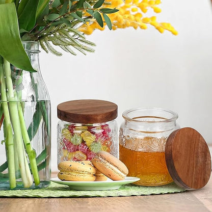 Suclain 6 Pcs 17 OZ Vintage Glass Jar with Acacia Wood Lids Airtight Glass Storage Canisters Kitchen Spice Jars Food Storage Containers for Pantry Coffee Grains Tea Sugar Flour(Morning Glory)