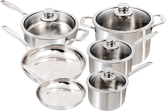 Swiss Diamond Premium Clad 5-Ply Stainless Steel 10 Piece Cookware Set with Satin Exterior Finish, Induction Compatible Stainless Steel Pots and Pans Set - Oven and Dishwasher Safe