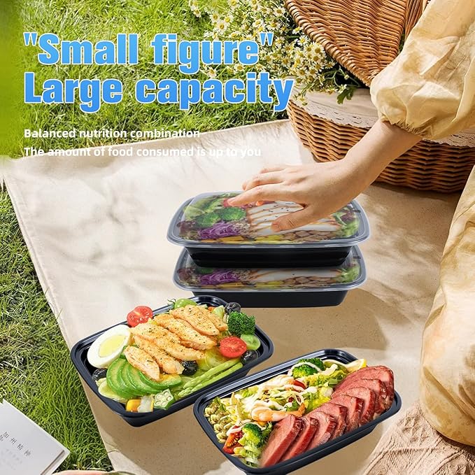 38oz Rectangular Meal Prep Containers, Black, Reusable, BPA-Free