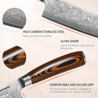 4Pcs Damascus Knife Set, VG10 Steel Core Damascus Kitchen Knife Set with G10 Handle, 8" Chef, 7" Santoku, 5" Utility & 3.5" Paring Knife for Cooking Enthusiasts & Restaurants