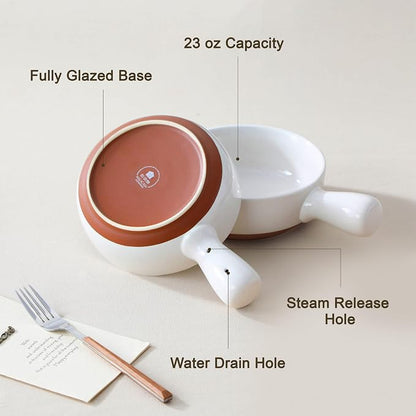 MALACASA 23 Oz French Onion Soup Bowls With Handles, Ceramic Soup Crocks for Cereal, Pasta, Beef Stew, Chilli, Oven Microwave Dishwasher Safe, Set of 4, White, Series TARA