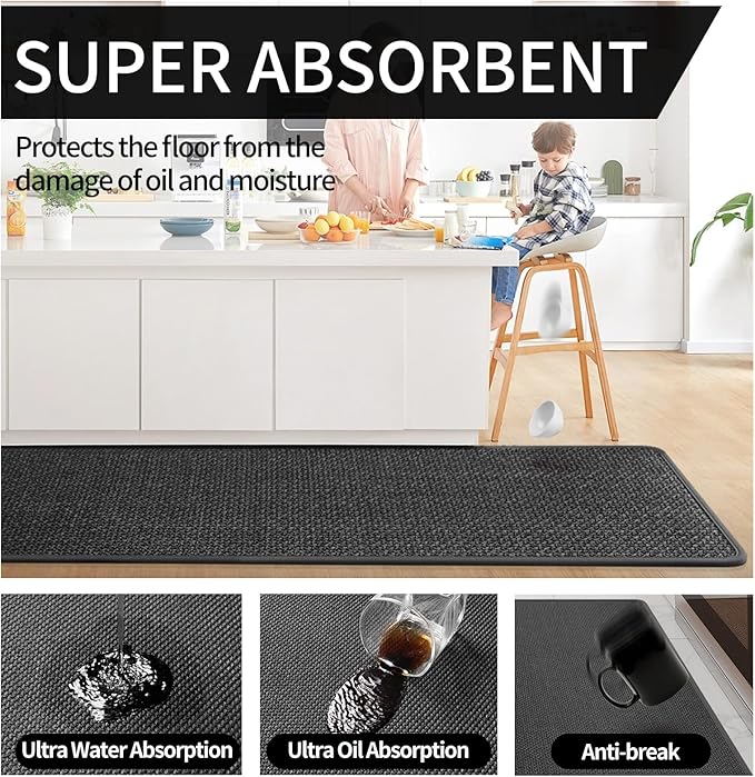 YDKGL Kitchen mats for Floor Water and Oil Absorbent Runner Rugs for Kitchen, Kitchen Mat in Front of Sink,Non-Slip Kitchen Rugs,Durable Imitation Linen Kitchen Rug Black 17x30+17x47