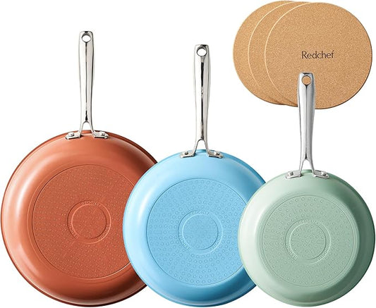 Redchef Colorful Ceramic Nonstick Frying Pan Set, Ceramic Pan Skillet, Non Toxic Pans for Cooking, Induction Compatible with Stainless Steel Handles & 3 Cork Pads, PFAS & PTFE & PFOA Free（8+9.5+11"）