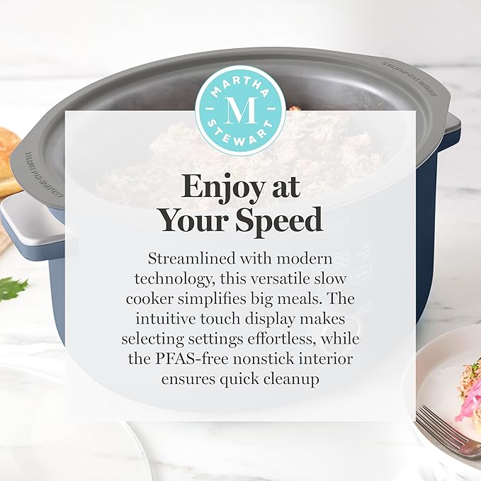 Martha Stewart 8 QT Slow Cooker, Programmable with Timer, 3 Heat Settings (Low, High, Warm), Nonstick Ceramic Removable Crock, Stovetop & Oven Safe, Glass Lid, Simmer, Reheat, Warm, Indigo