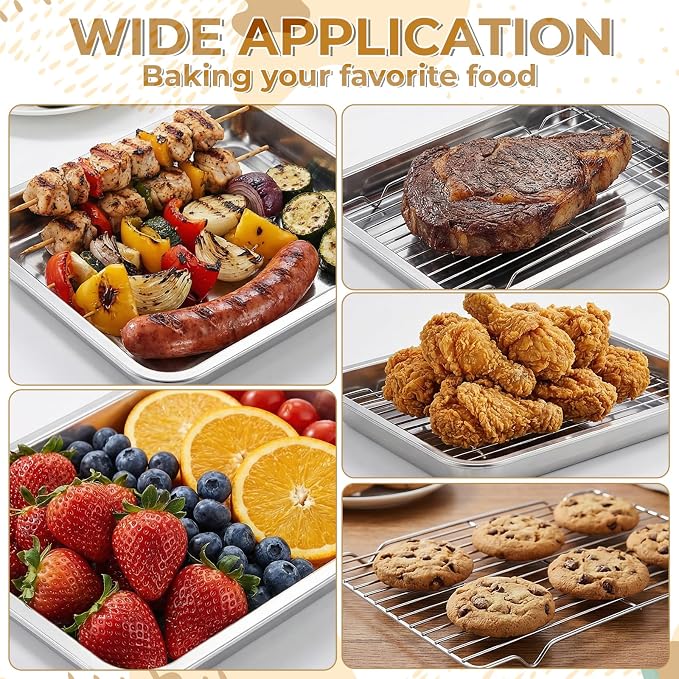 Quarter Baking Sheet Pan with Cooling Rack Set (2 Pans + 2 Racks), Stainless Steel Cookie Sheets Quarter Sheet Pan for Oven Baking, Warp Resistant & Nonstick, Size 14 x 10 x 1.8 Inch