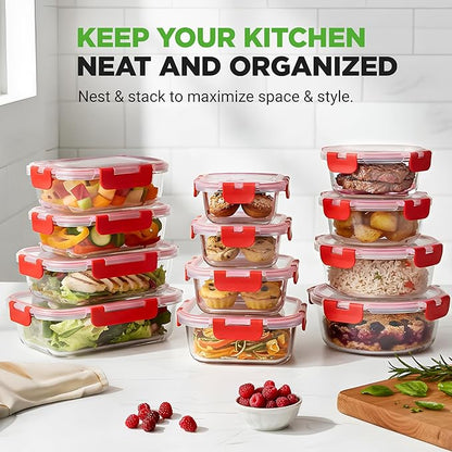 NutriChef 24-Piece Glass Food Storage Containers with Lids - 12 Stackable Heavy Duty Meal Prep Containers w/ 12 Airtight Lids - Microwave, Freezer, & Dishwasher Safe for Food, Snacks, & Fruit-(Red)