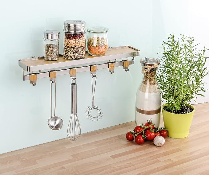WENKO Spice Rack Organizer, Wall Mount Spice Shelf, Hanging Spice Holder for Kitchen, Seasoning Organizer, Spice Rack over the Stove, Made of Bamboo and Metal, 15.7 x 2.2 x 3.1 in