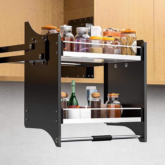 Pull Down Shelf,2-Tier Organizer for Upper Cabinets - Fits 22-24 Inch Wide Upper Cabinets, Heavy Duty Chrome Steel, Space Saving Storage Solution,black