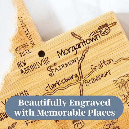 Totally Bamboo Destination West Virginia Shaped Cutting Board – Bamboo Charcuterie and Serving Board with Hang Tie for Wall Display