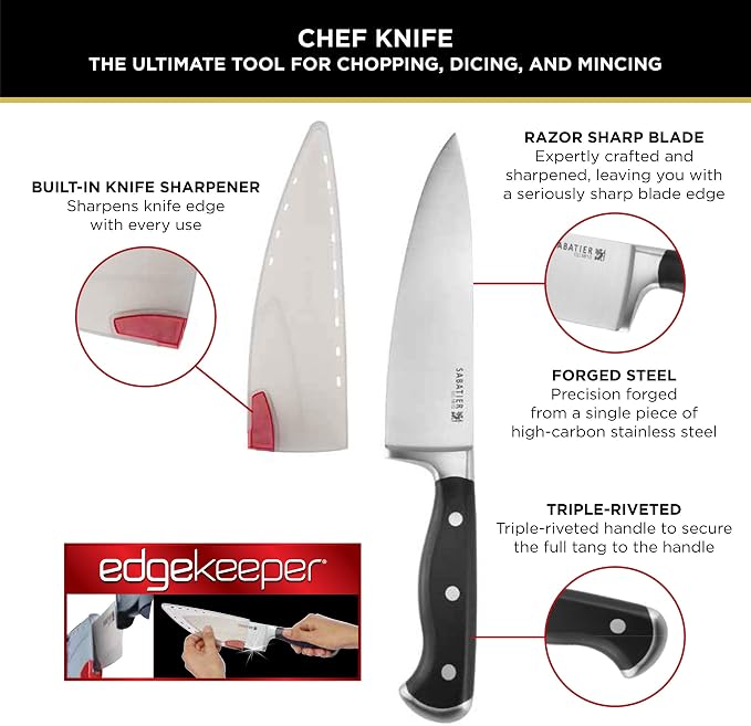 Sabatier Forged Stainless Steel Chef Knife with Edgekeeper Self-Sharpening Blade Cover, High-Carbon Stainless Steel Kitchen Knife, Razor-Sharp Knife to Cut Fruit, Vegetables and more, 8-Inch, Black