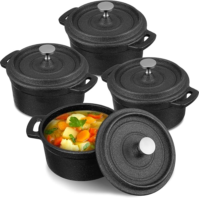 4 Pcs Mini Dutch Oven, 500F Small Round Iron Cocotte Black Dutch Oven Pot with Lid and Dual Handles Cast Iron Pot for Stovetop Use Marinate Cook Bake Refrigerate, Individual Servings(17 oz)