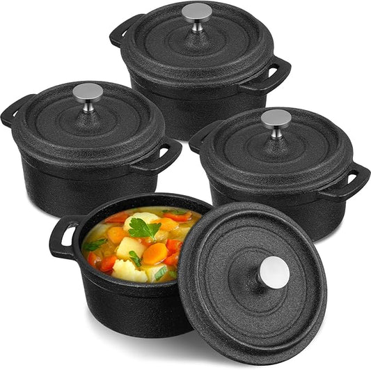 4 Pcs Mini Dutch Oven, 500F Small Round Iron Cocotte Black Dutch Oven Pot with Lid and Dual Handles Cast Iron Pot for Stovetop Use Marinate Cook Bake Refrigerate, Individual Servings(17 oz)