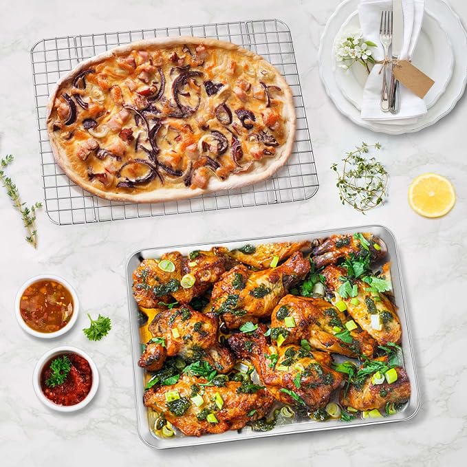 P&P CHEF 12.5 Inch Toaster Oven Pan with Rack Set, Stainless Steel Baking Pan Tray and Grid Cooling Rack for Cooking/Roasting, Dishwasher Safe & Easy to Clean, Non-toxic & Sturdy, (2Pcs)