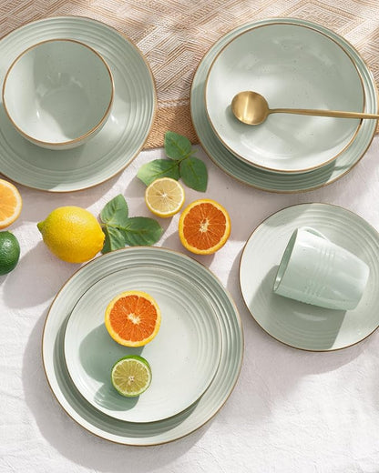 Famiware Jupiter 12-Piece Stoneware Dinnerware Set, Handcrafted Plates and Bowls with Speckles & Embossed Swirls, Chip/Scratch Resistant, Microwave/Dishwasher Safe, Modern Dishes, Service for 4, Green
