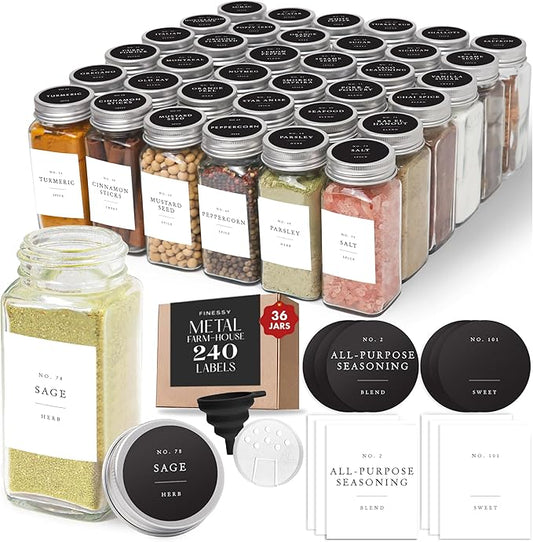 Glass Spice Jars with Labels with Metal Lids and Shakers Farmhouse 36 Pack Set, 4oz Small Clear Empty Spice Bottles Seasoning Containers with Label Organizer Square Herb Seasoning Jars for Kitchen