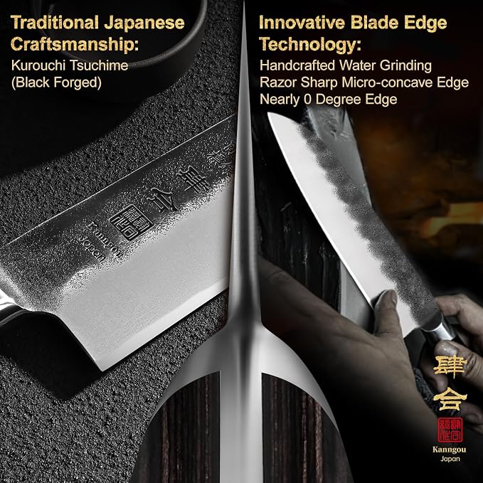 kanngou 7 Inch Santoku Knife, Black Forged Japanese Chef Knife with AUS-8 Alloy Steel, Japanese Santoku Knife with Full Tang Pakkawood Handle, Christmas Gift with Premium Box (7 Inch Santoku Knife)