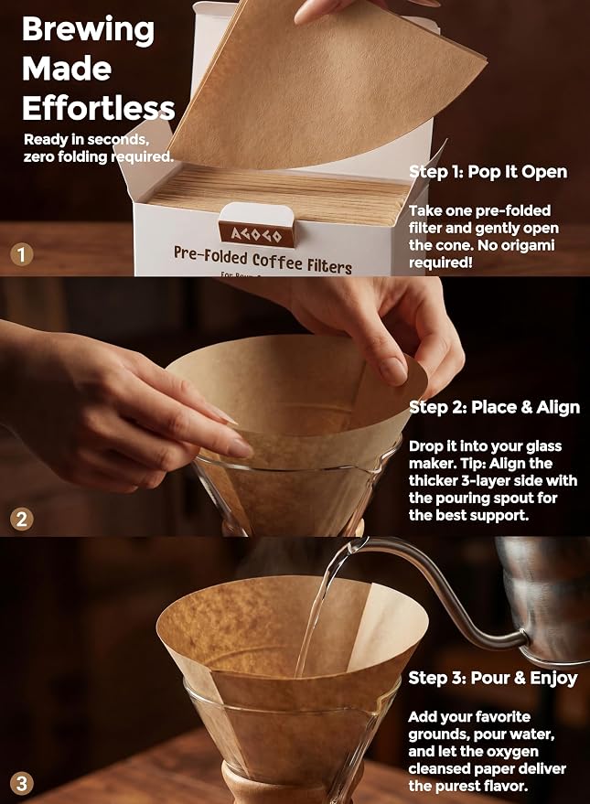 AGOGO Pour Over Coffee Maker Glass with 50pcs Paper Filters -for Home, Office, Camping, Cafes - Easy Clean Coffee Dripper Set (Soft Towel&Brush)(34oz Slim Shape w/Paper Filters)