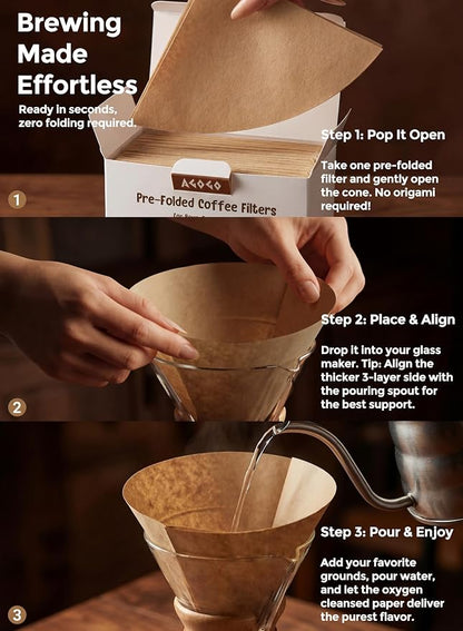 AGOGO Pour Over Coffee Maker Glass with 50pcs Paper Filters -for Home, Office, Camping, Cafes - Easy Clean Coffee Dripper Set (Soft Towel&Brush)(34oz Slim Shape w/Paper Filters)