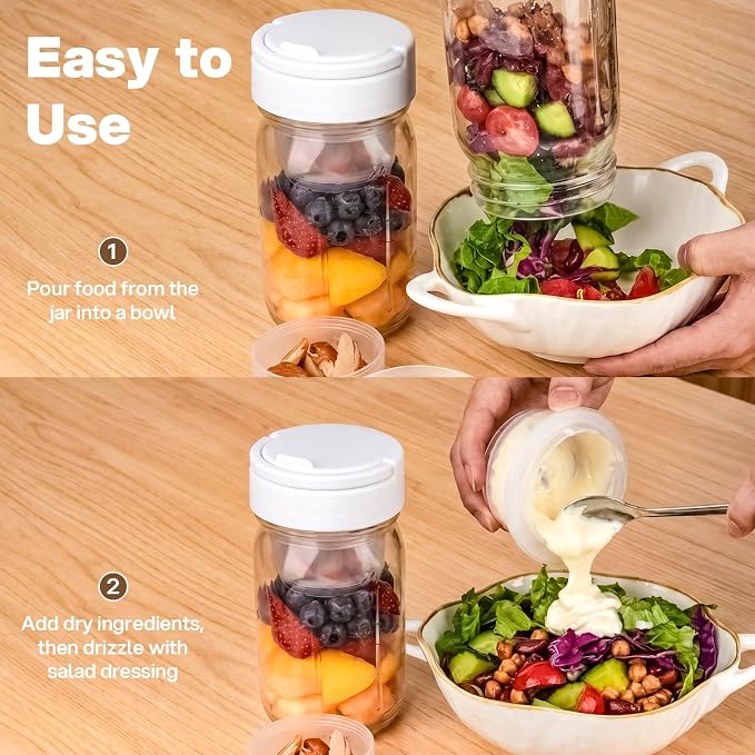 CLEANGOR 4 Pack 32 oz Glass Salad Jars Meal Prep Containers, Leakproof Mason Jars with Handle, 3 Built-in Divider Cups Wet/Dry Separation for Dressing Nuts Dry Ingredients, Ideal for Office Lunch Gym