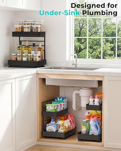EVERIE Height Adjustable 2 Tier Metal Pull Out Slide Shelf Organizer for Under Sink Cabinets in Kitchen, Bathroom, with Snap-on Top Tray, 16" Deep (Black, 2 Sets) | Pull Out