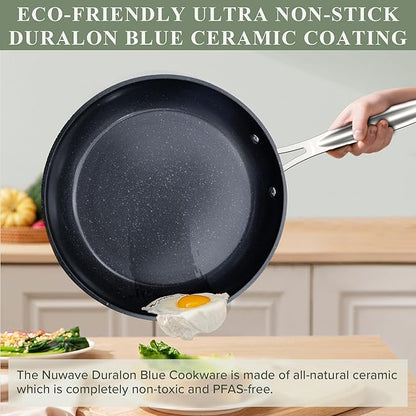 Nuwave Healthy Duralon Blue Ceramic Nonstick 12pc Cookware Set,Diamond Infused Scratch-Resistant,PFAS Free,Dishwasher & Oven Safe,Induction Ready & Evenly Heats, Tempered Glass Lids, Stay-Cool Handles