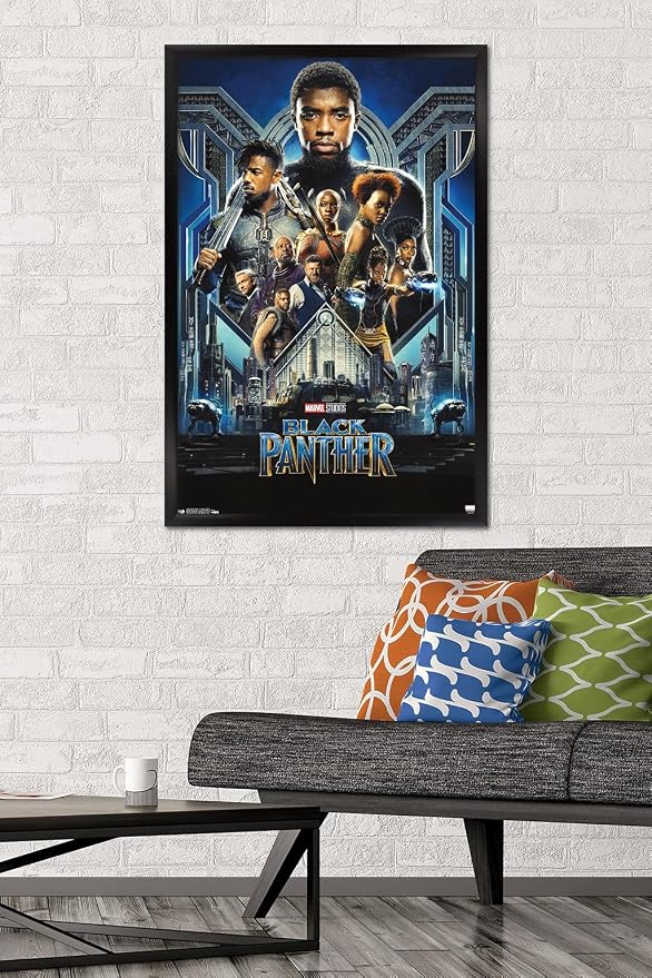 Trends International Marvel Cinematic Universe - Black Panther - Group One Sheet Wall Poster, 22.375" x 34", Black Framed Version