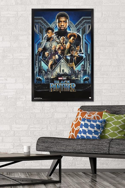 Trends International Marvel Cinematic Universe - Black Panther - Group One Sheet Wall Poster, 22.375" x 34", Black Framed Version