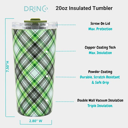 Drinco - 20 oz Stainless Steel Tumbler | Double Walled Vacuum Insulated Mug With Lid, 2 Straws, For Hot & Cold Drinks (20oz Ireland Plaid)