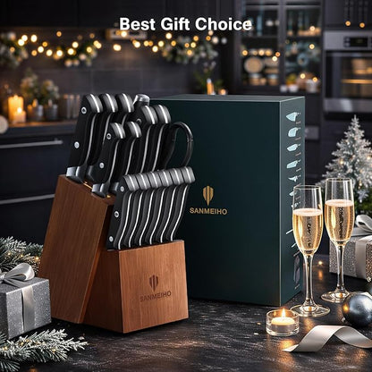 16 PCS Knife Set with Block, Japanese Kitchen Knife Set with 5 Layers High Carbon 9Cr18Mov Stainless Steel, Ultra-Sharp Professional Chef Cooking Knives with Ergonomic Handle, Dishwasher Safe
