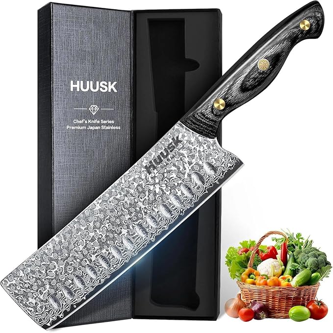 Huusk Damascus Nakiri Knife 7inch - Japanese Knives with Sharp Edge and Wooden Handle, Hand Forged Chef Knives for Home Use, Meat Vegetables Fish Knives, Christmas Gift for Men and Women