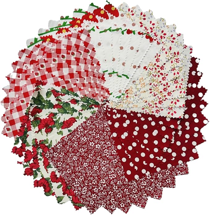 DMFR Red Floral Fabric Squares 5x5 Inch, 42 Pcs 100% Cotton Charm Packs for Quilting, Red and White Precut Quilt Squares for Patchwork, Sewing, Doll Clothes, Scrapbooking and DIY Crafts