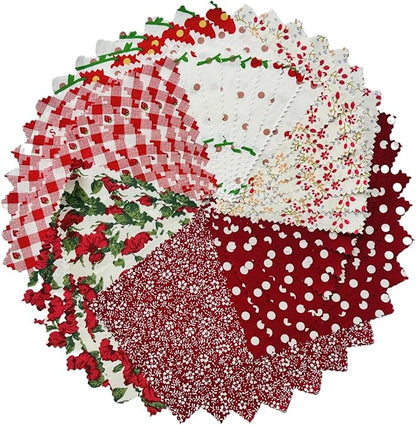 DMFR Red Floral Fabric Squares 5x5 Inch, 42 Pcs 100% Cotton Charm Packs for Quilting, Red and White Precut Quilt Squares for Patchwork, Sewing, Doll Clothes, Scrapbooking and DIY Crafts