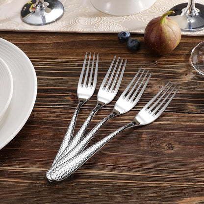 KEAWELL Premium 8-Piece Louise Hammered Fork Set, 18/10 Stainless Steel, Fine Fork Set with Round Edge, Brightly-Mirror polished, Dishwasher Safe. (8, 8" Dinner Forks)